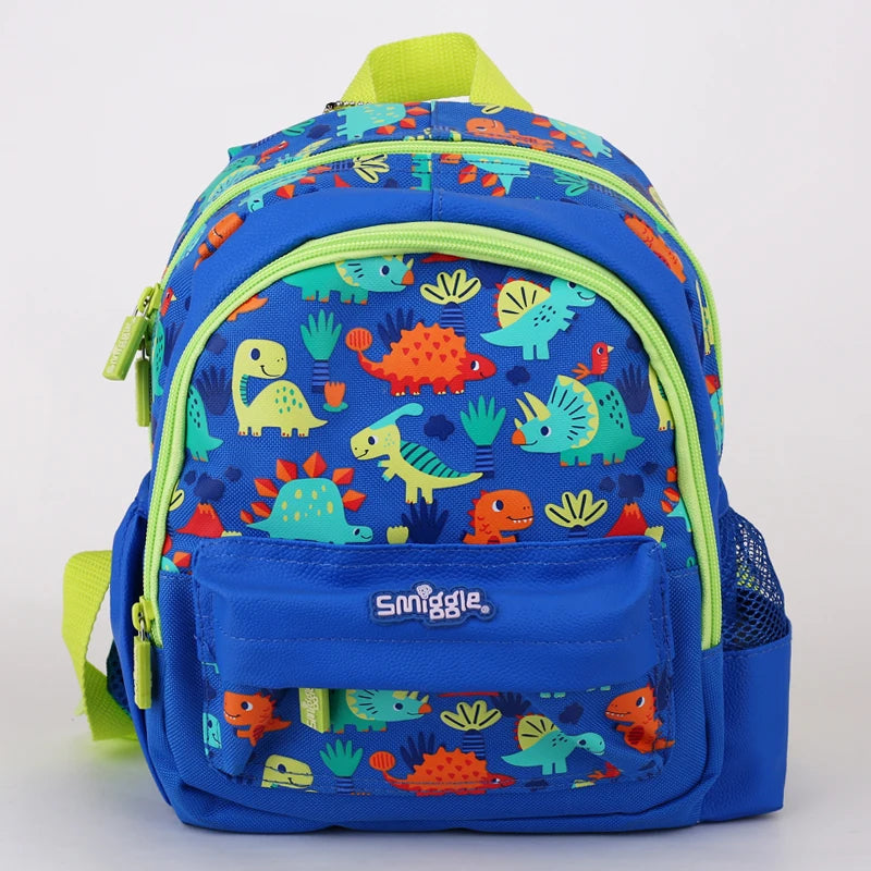 Sac a dos enfant pratique motifs dinosaures, de couleur bleu, sur un fond blanc.